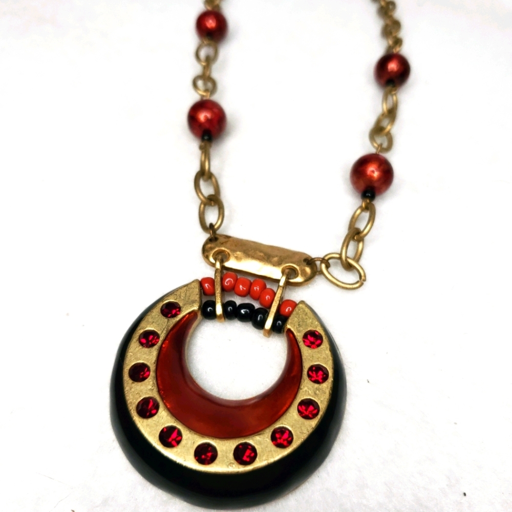 Laura Ashley Brushed Gold Red Medallion Necklace